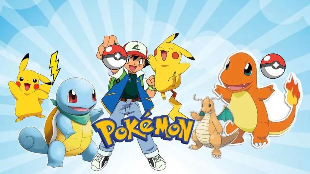 Pokémon trainer Ash with Pikachu, Squirtle, Charmander and friends