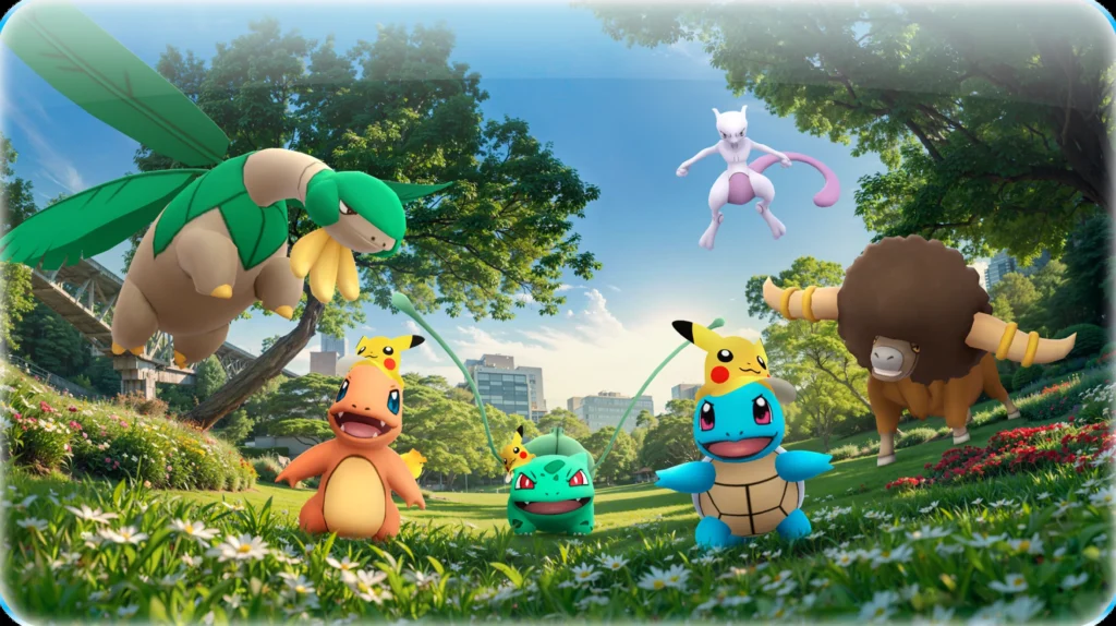 Pokémon gathered in a sunny park